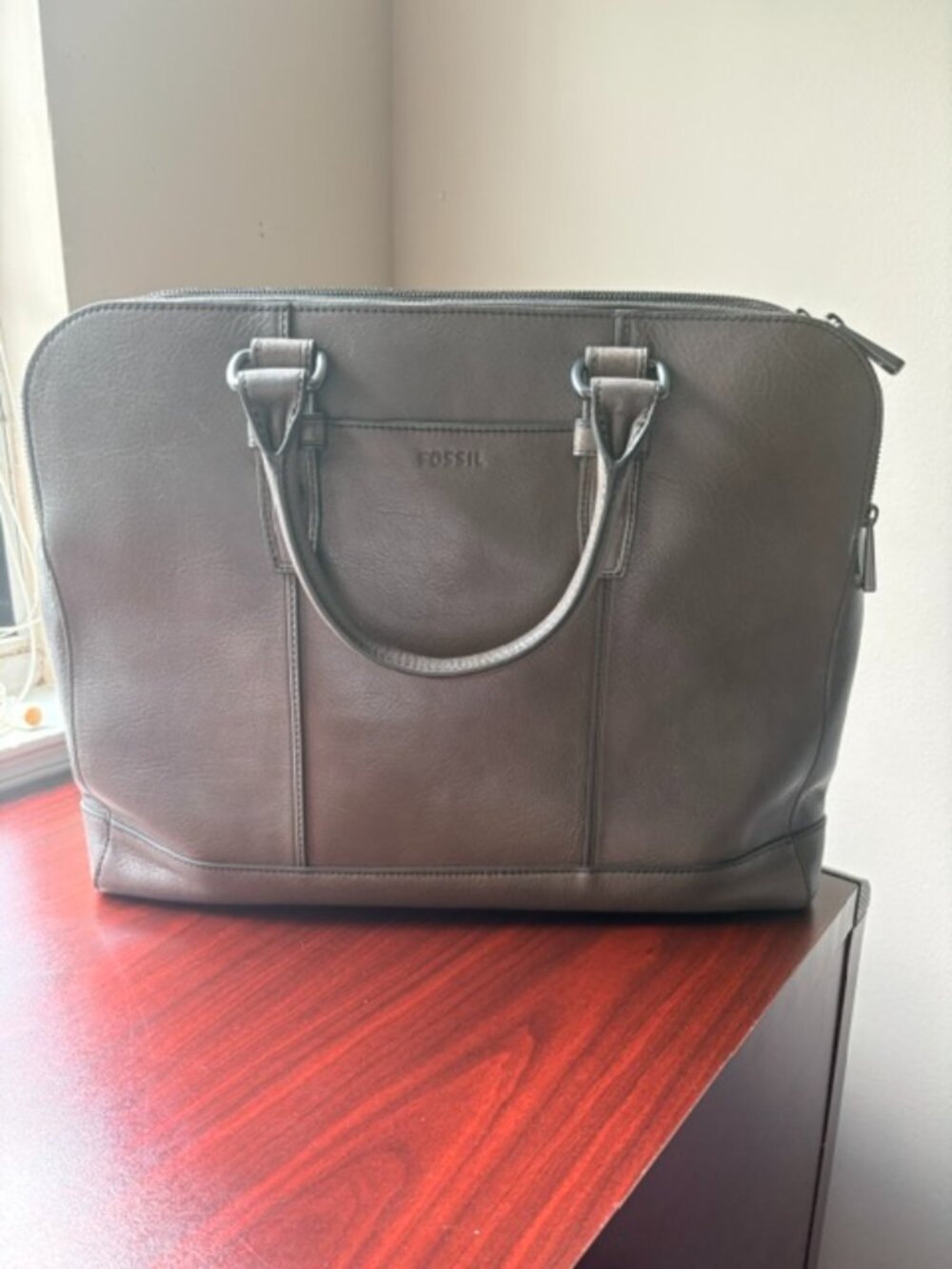 Fossil Leather Laptop Briefcase/Business Tote - Gray Taupe